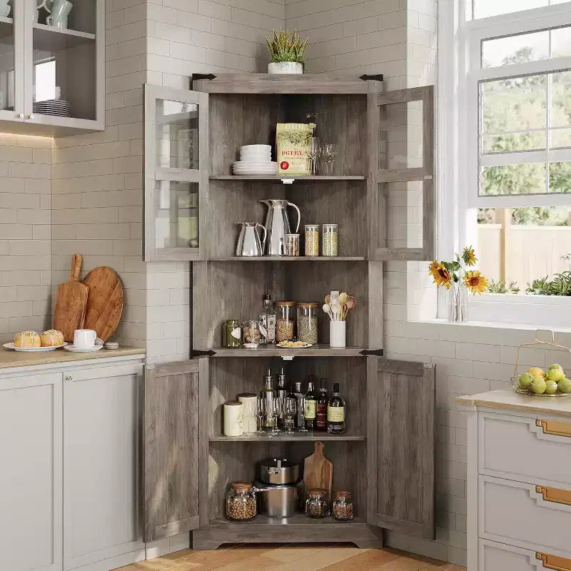 67 armoire d'angle haute avec rangement, vaisselier d'angle avec porte vitrée et étagères réglables