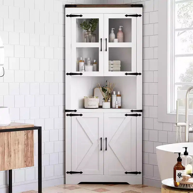 67 armoire d'angle haute avec rangement, vaisselier d'angle avec porte vitrée et étagères réglables