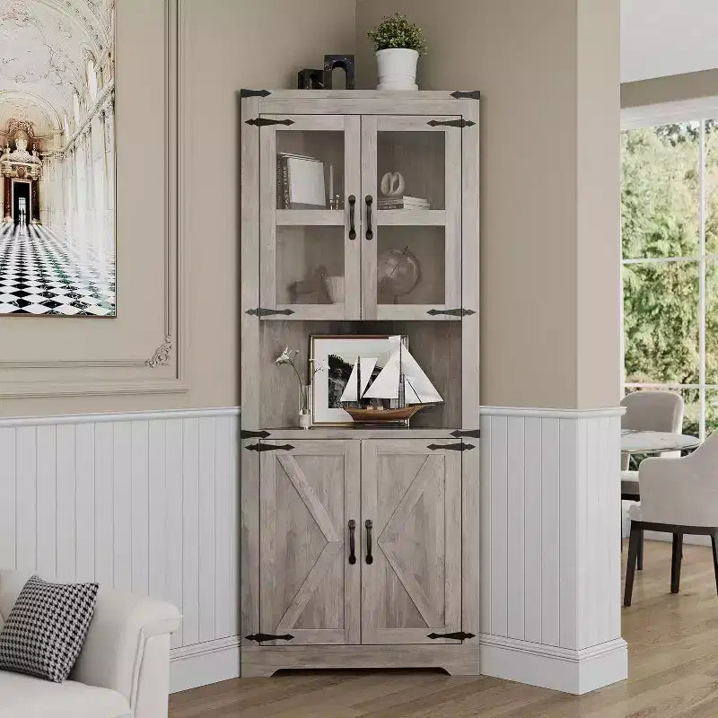 67 armoire d'angle haute avec rangement, vaisselier d'angle avec porte vitrée et étagères réglables