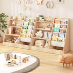 Étagère à Livres pour Enfants avec 5 Poches en Tissu et Rangement de Jouets, Organisateur en Bois avec Compartiment Inférieur Clôturé, Blanc, 80 cm