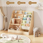 Étagère à Livres pour Enfants avec 5 Poches en Tissu et Rangement de Jouets, Organisateur en Bois avec Compartiment Inférieur Clôturé, Blanc, 80 cm