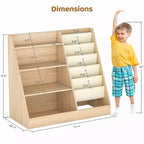 Étagère à Livres pour Enfants avec 5 Poches en Tissu et Rangement de Jouets, Organisateur en Bois avec Compartiment Inférieur Clôturé, Blanc, 80 cm