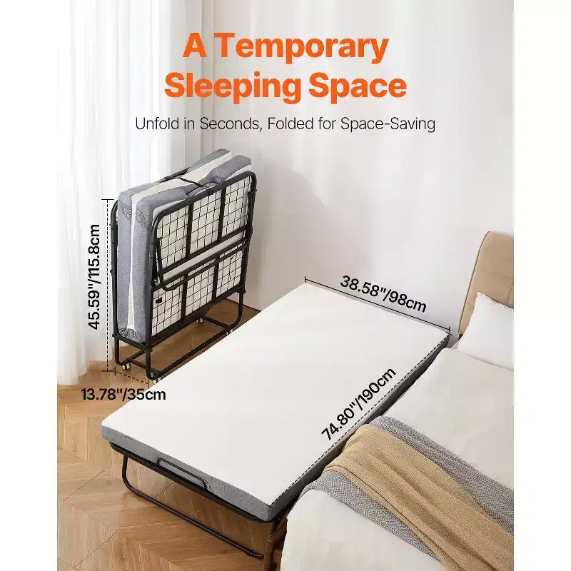 Lit pliant VEVOR, lit pliant de 96,5 cm x 190,5 cm avec matelas de 10 cm, lit pliant simple avec cadre métallique robuste et matelas en mousse à mémoire de forme