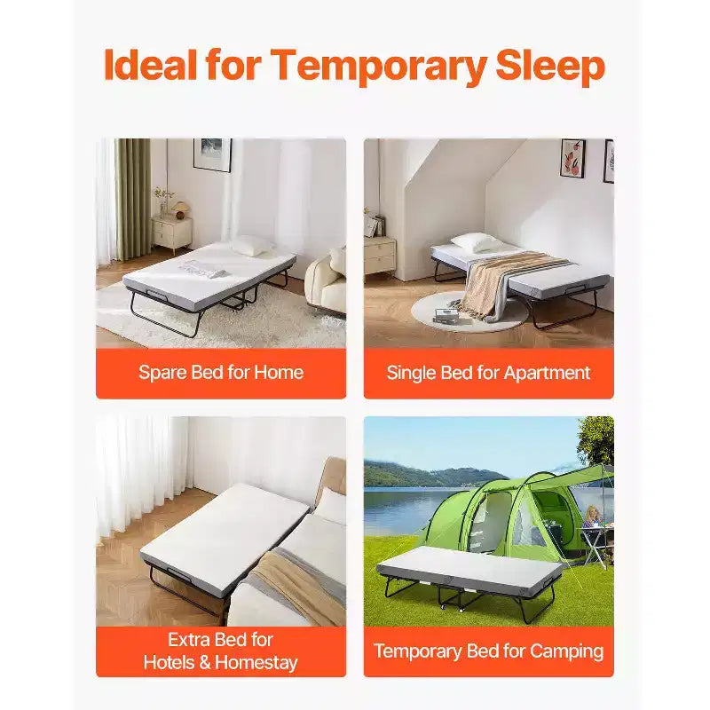 Lit pliant VEVOR, lit pliant de 96,5 cm x 190,5 cm avec matelas de 10 cm, lit pliant simple avec cadre métallique robuste et matelas en mousse à mémoire de forme