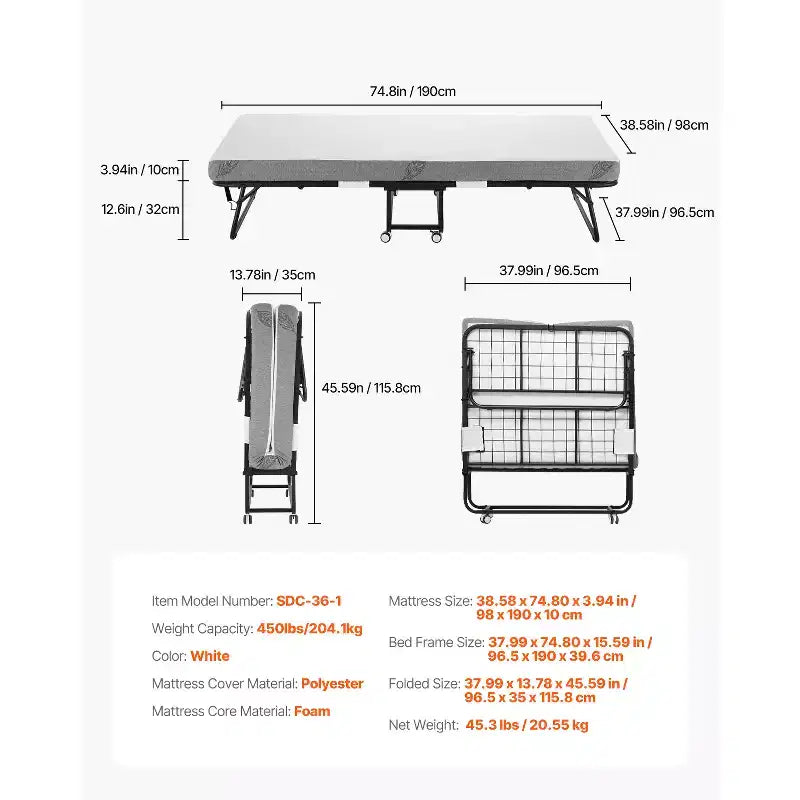 Lit pliant VEVOR, lit pliant de 96,5 cm x 190,5 cm avec matelas de 10 cm, lit pliant simple avec cadre métallique robuste et matelas en mousse à mémoire de forme