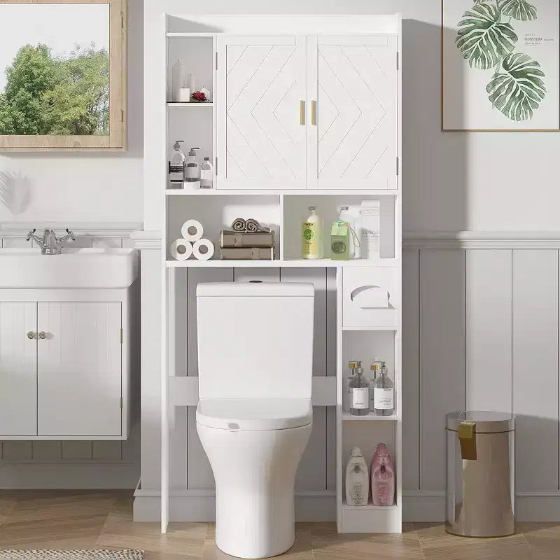 Meuble de rangement VECELO au-dessus des toilettes, meuble de rangement avec porte et support de papier toilette, étagère WC peu encombrante, blanc