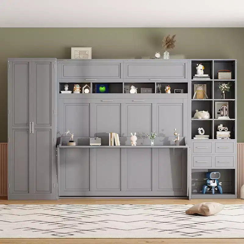Queen Size Murphy Wall Bed with Built-In Closet, Drawers & Open Shelves, Space-Saving Storage Cabinet Bed, Gray/White - ModernLuxe