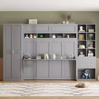 Queen Size Murphy Wall Bed with Built-In Closet, Drawers & Open Shelves, Space-Saving Storage Cabinet Bed, Gray/White - ModernLuxe