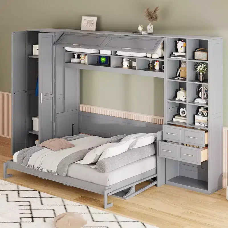 Lit mural escamotable Queen Size avec placard intégré, tiroirs et étagères ouvertes, lit armoire de rangement peu encombrant, gris/blanc - ModernLuxe
