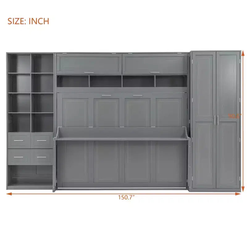 Lit mural escamotable Queen Size avec placard intégré, tiroirs et étagères ouvertes, lit armoire de rangement peu encombrant, gris/blanc - ModernLuxe