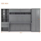 Lit mural escamotable Queen Size avec placard intégré, tiroirs et étagères ouvertes, lit armoire de rangement peu encombrant, gris/blanc - ModernLuxe