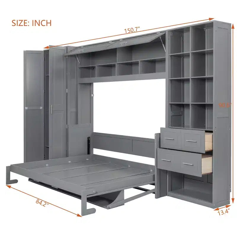 Lit mural escamotable Queen Size avec placard intégré, tiroirs et étagères ouvertes, lit armoire de rangement peu encombrant, gris/blanc - ModernLuxe