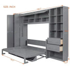 Lit mural escamotable Queen Size avec placard intégré, tiroirs et étagères ouvertes, lit armoire de rangement peu encombrant, gris/blanc - ModernLuxe