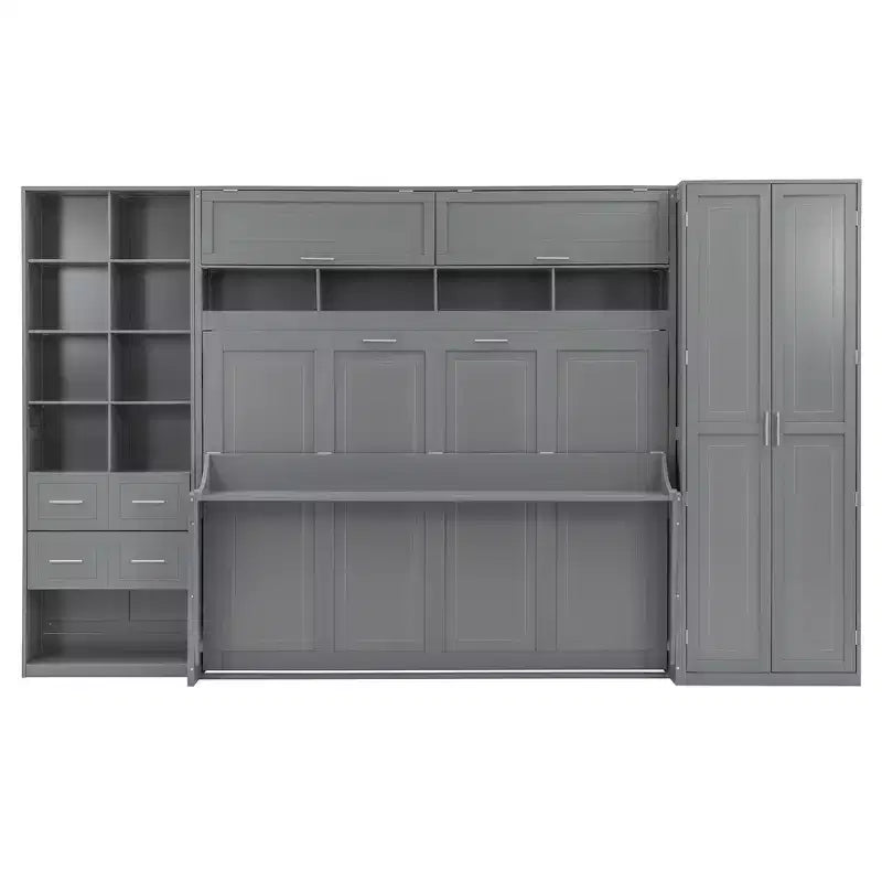 Lit mural escamotable Queen Size avec placard intégré, tiroirs et étagères ouvertes, lit armoire de rangement peu encombrant, gris/blanc - ModernLuxe