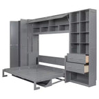 Lit mural escamotable Queen Size avec placard intégré, tiroirs et étagères ouvertes, lit armoire de rangement peu encombrant, gris/blanc - ModernLuxe