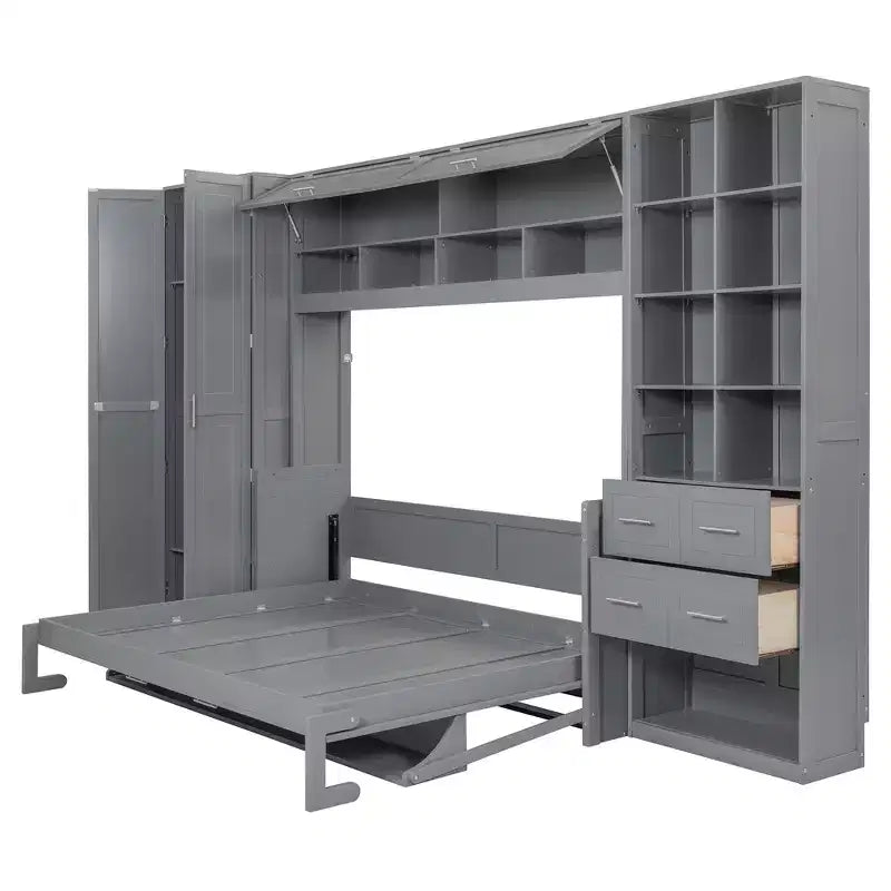 Lit mural escamotable Queen Size avec placard intégré, tiroirs et étagères ouvertes, lit armoire de rangement peu encombrant, gris/blanc - ModernLuxe