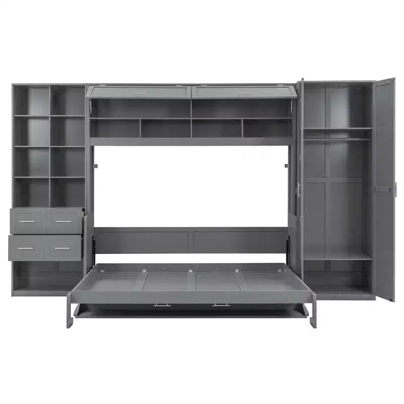 Lit mural escamotable Queen Size avec placard intégré, tiroirs et étagères ouvertes, lit armoire de rangement peu encombrant, gris/blanc - ModernLuxe
