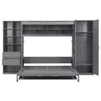 Lit mural escamotable Queen Size avec placard intégré, tiroirs et étagères ouvertes, lit armoire de rangement peu encombrant, gris/blanc - ModernLuxe