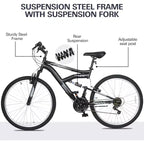 Vélo de montagne hykolity 26 27,5 pouces, VTT 18 vitesses pour hommes et femmes avec selle réglable, suspension complète pour le cyclisme en extérieur