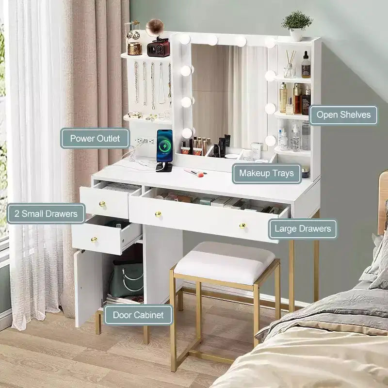 Coiffeuse de maquillage avec chaise, miroir éclairé réglable, table de maquillage avec tiroirs