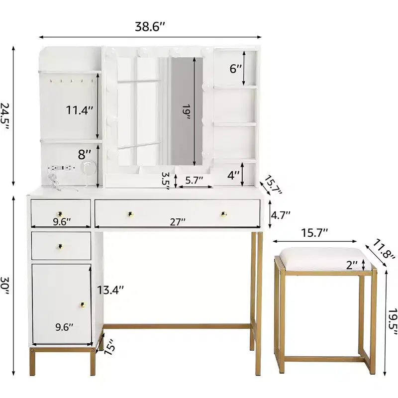 Coiffeuse de maquillage avec chaise, miroir éclairé réglable, table de maquillage avec tiroirs