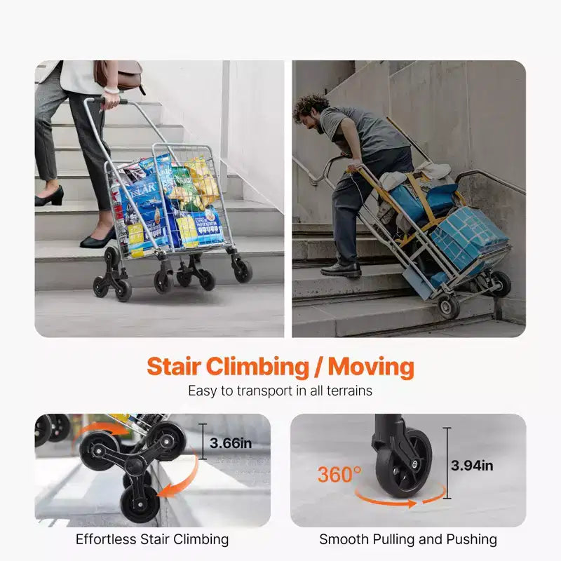 Caddie de courses VEVOR, chariot de courses de 45 L pour monter les escaliers avec roues pivotantes à 360°, chariot utilitaire monte-escalier avec roues triples