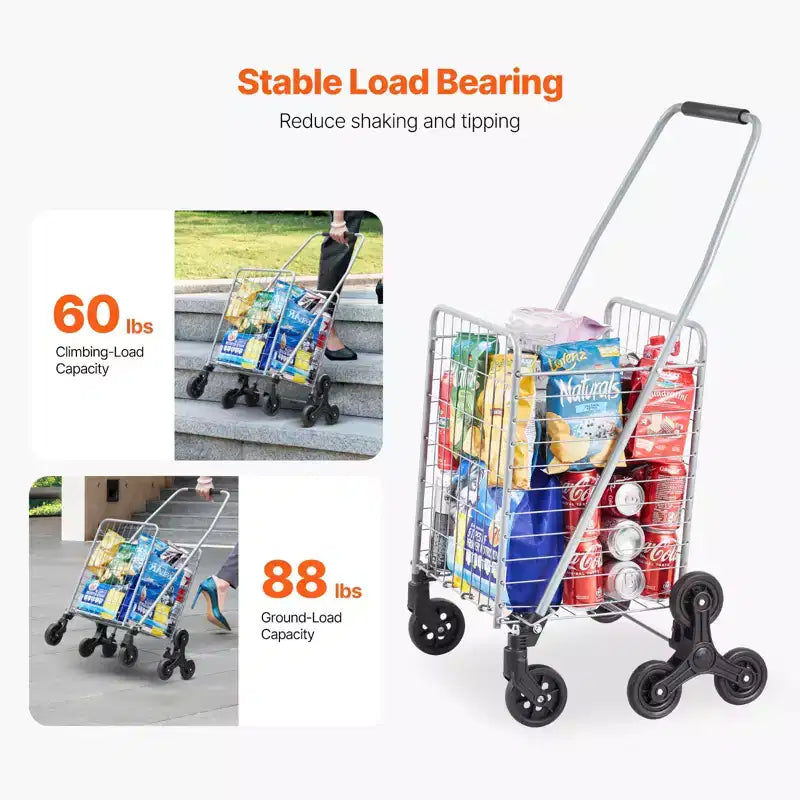 Caddie de courses VEVOR, chariot de courses de 45 L pour monter les escaliers avec roues pivotantes à 360°, chariot utilitaire monte-escalier avec roues triples