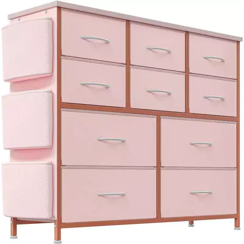 Commode en tissu à 10 tiroirs avec plateau en bois, poches latérales et crochets pour chambre à coucher, placard ou couloir