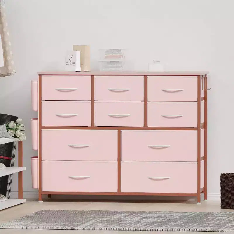 Commode en tissu à 10 tiroirs avec plateau en bois, poches latérales et crochets pour chambre à coucher, placard ou couloir