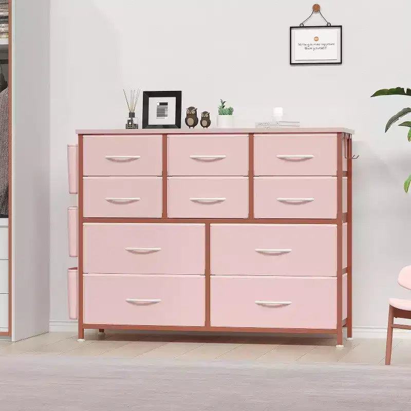 Commode en tissu à 10 tiroirs avec plateau en bois, poches latérales et crochets pour chambre à coucher, placard ou couloir