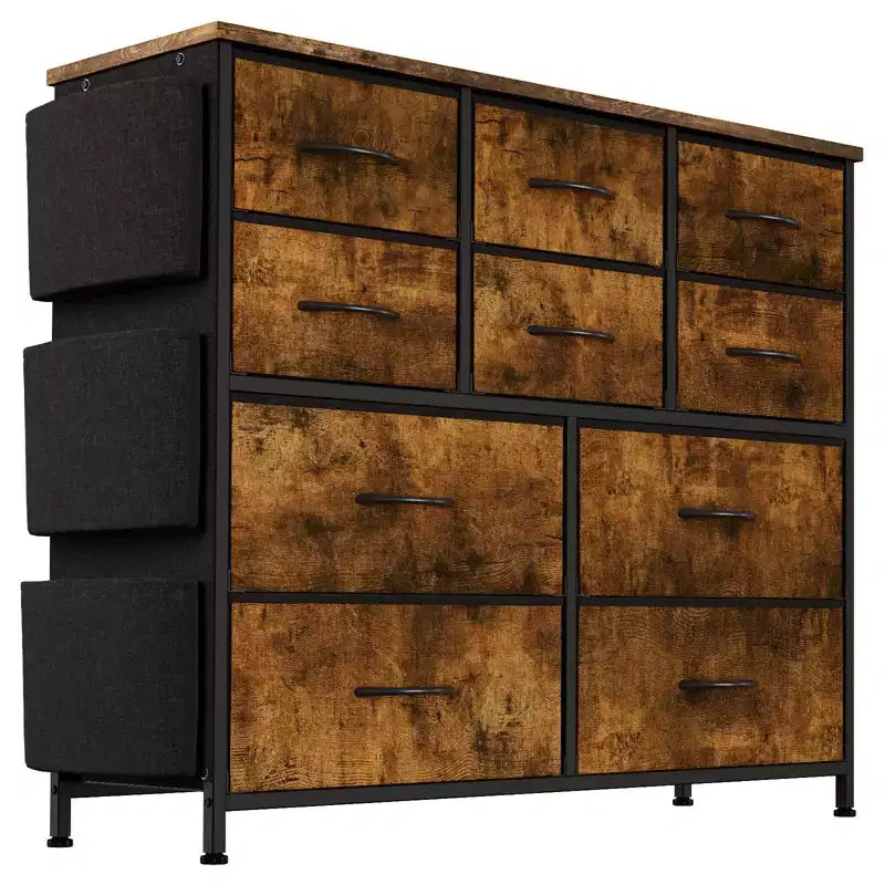 Commode en tissu à 10 tiroirs avec plateau en bois, poches latérales et crochets pour chambre à coucher, placard ou couloir