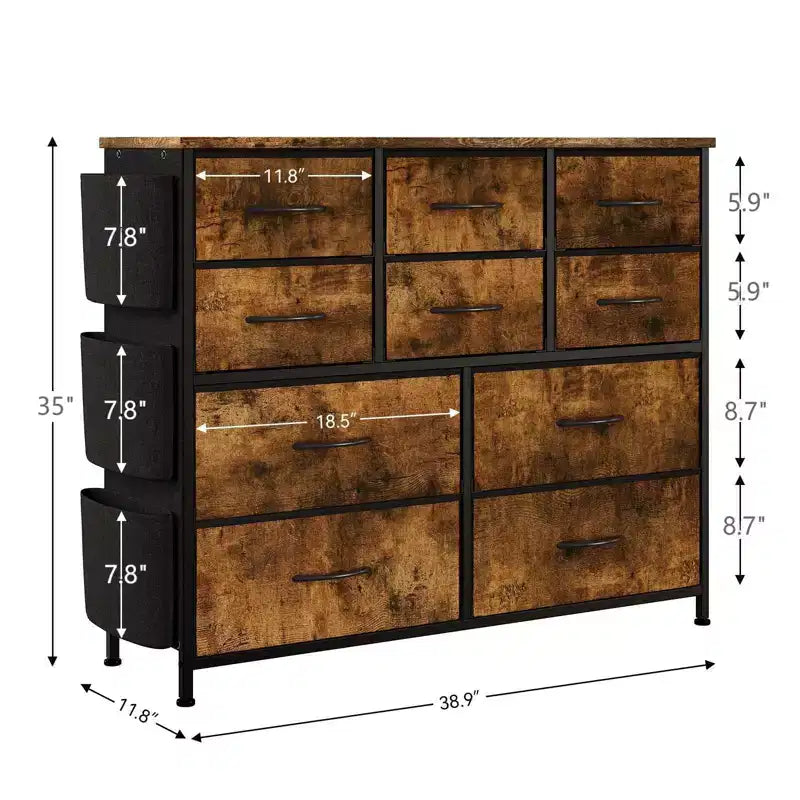 Commode en tissu à 10 tiroirs avec plateau en bois, poches latérales et crochets pour chambre à coucher, placard ou couloir