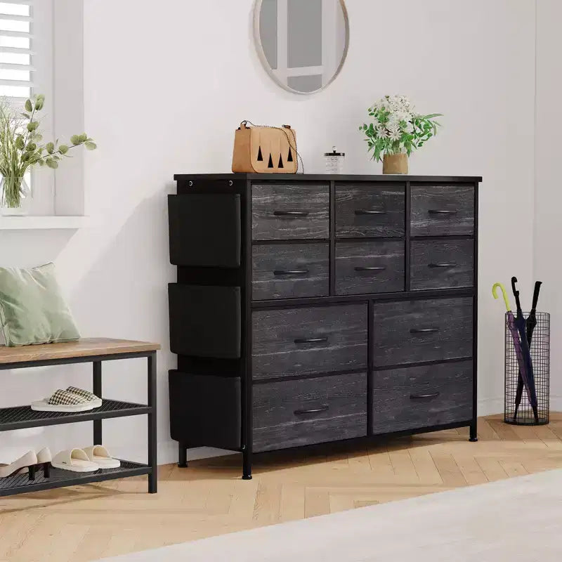 Commode en tissu à 10 tiroirs avec plateau en bois, poches latérales et crochets pour chambre à coucher, placard ou couloir