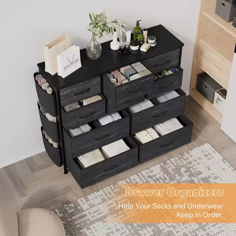 Commode en tissu à 10 tiroirs avec plateau en bois, poches latérales et crochets pour chambre à coucher, placard ou couloir