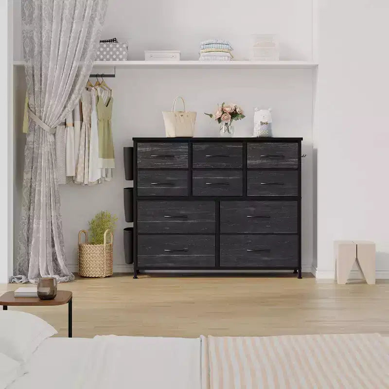 Commode en tissu à 10 tiroirs avec plateau en bois, poches latérales et crochets pour chambre à coucher, placard ou couloir