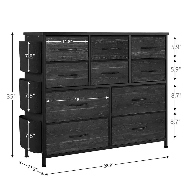 Commode en tissu à 10 tiroirs avec plateau en bois, poches latérales et crochets pour chambre à coucher, placard ou couloir