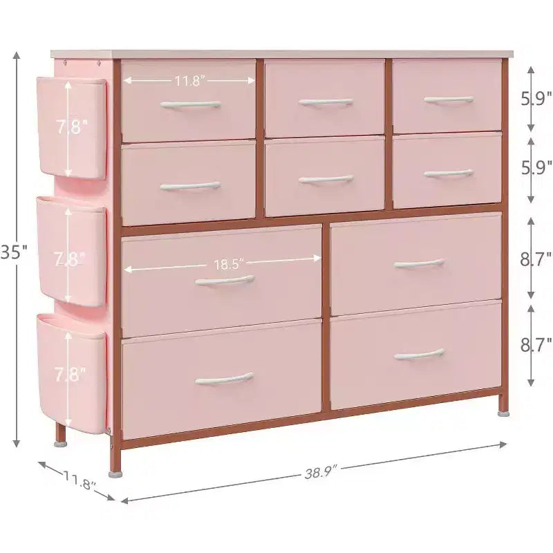 Commode en tissu à 10 tiroirs avec plateau en bois, poches latérales et crochets pour chambre à coucher, placard ou couloir