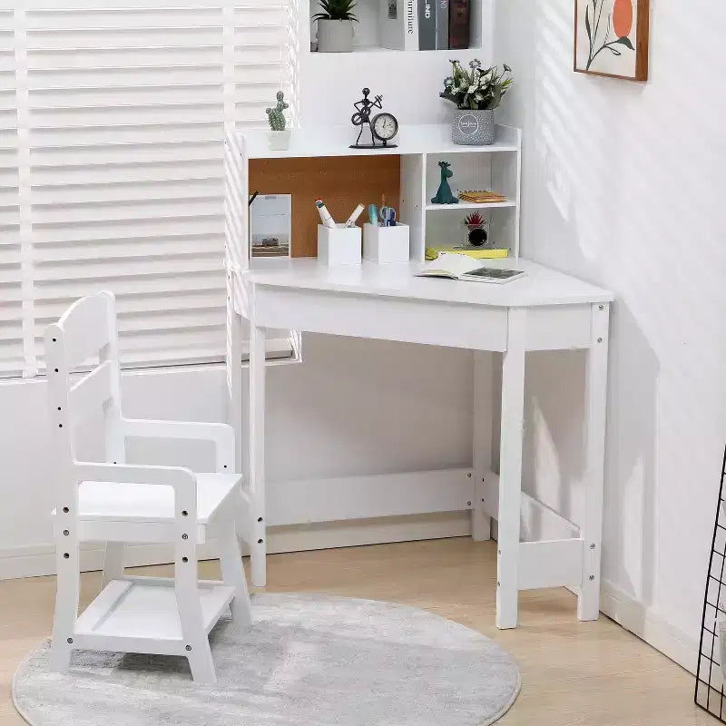 Ensemble Bureau et Chaise d'Étude pour Enfants, Table d'Étude d'Angle pour Enfants avec Étagère, Chaise Réglable, Tableau en Liège, Ensemble Bureau Chaise Enfant Blanc