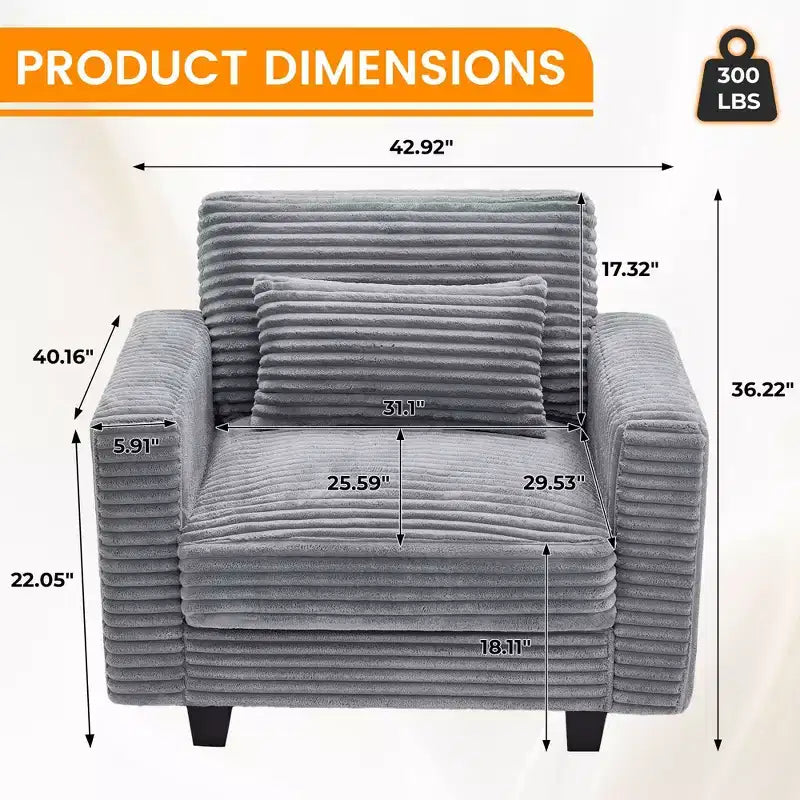 Fauteuil d'appoint surdimensionné en velours côtelé Hyleory, avec assise large et accoudoirs larges, fauteuil de lecture moderne pour chambre et salon