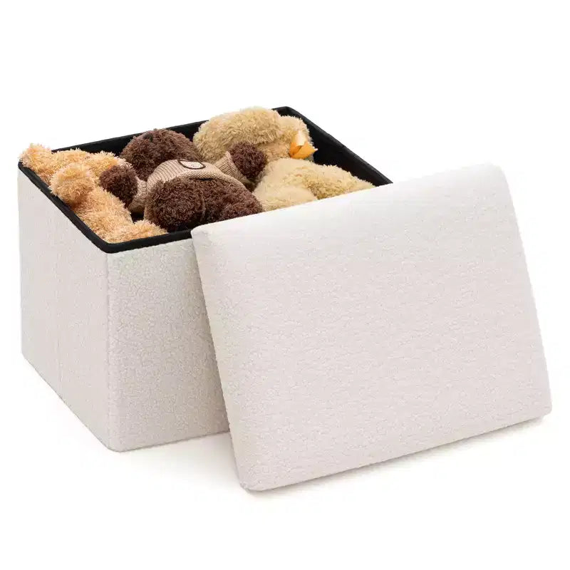 LUSIMO 16 Poufs de rangement pliables en fausse fourrure de mouton, coffre à jouets, repose-pieds supportant jusqu'à 150 kg pour chambre à coucher et salon