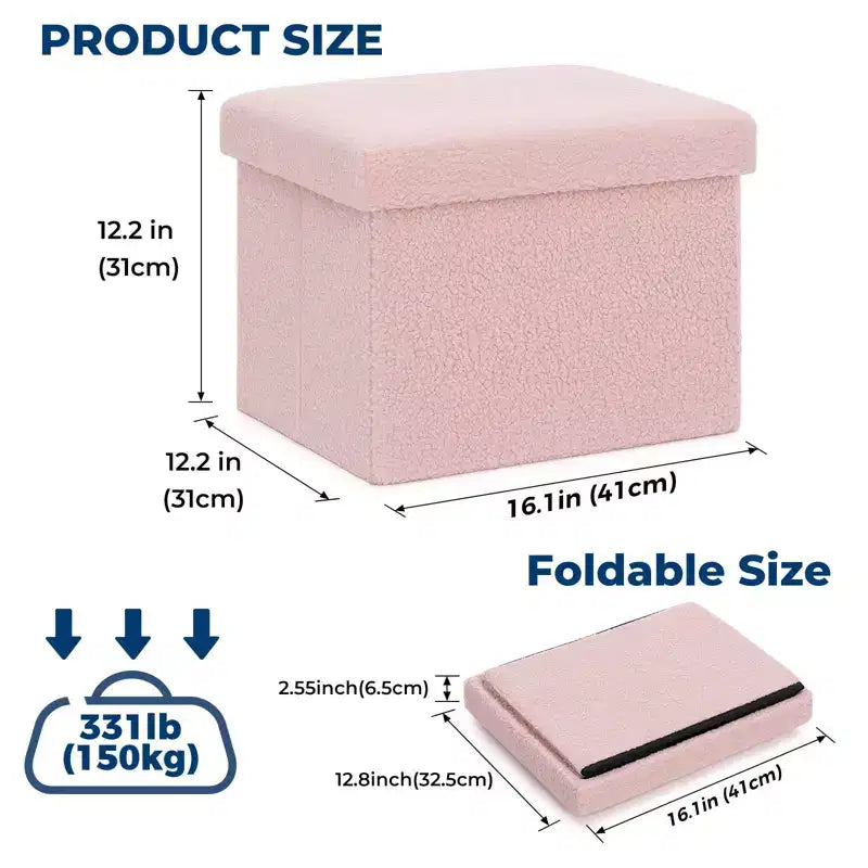 LUSIMO 16 Poufs de rangement pliables en fausse fourrure de mouton, coffre à jouets, repose-pieds supportant jusqu'à 150 kg pour chambre à coucher et salon