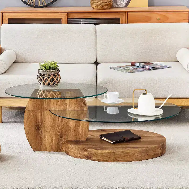 Oval Coffee Table with Double Layer Design, Glass Cocktail Table Accent Table Sofa Side Table Center Table, Marble / Wood Grain - ModernLuxe