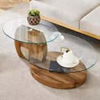 Table basse ovale avec double plateau, table de cocktail en verre, table d'appoint pour canapé, table basse, marbre/grain de bois - ModernLuxe