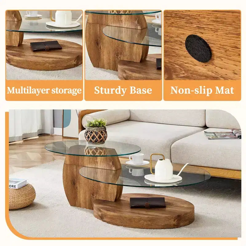 Table basse ovale avec double plateau, table de cocktail en verre, table d'appoint pour canapé, table basse, marbre/grain de bois - ModernLuxe