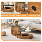 Table basse ovale avec double plateau, table de cocktail en verre, table d'appoint pour canapé, table basse, marbre/grain de bois - ModernLuxe
