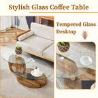 Table basse ovale avec double plateau, table de cocktail en verre, table d'appoint pour canapé, table basse, marbre/grain de bois - ModernLuxe
