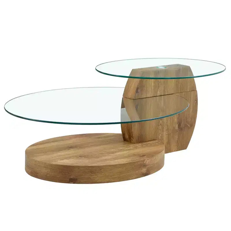 Table basse ovale avec double plateau, table de cocktail en verre, table d'appoint pour canapé, table basse, marbre/grain de bois - ModernLuxe