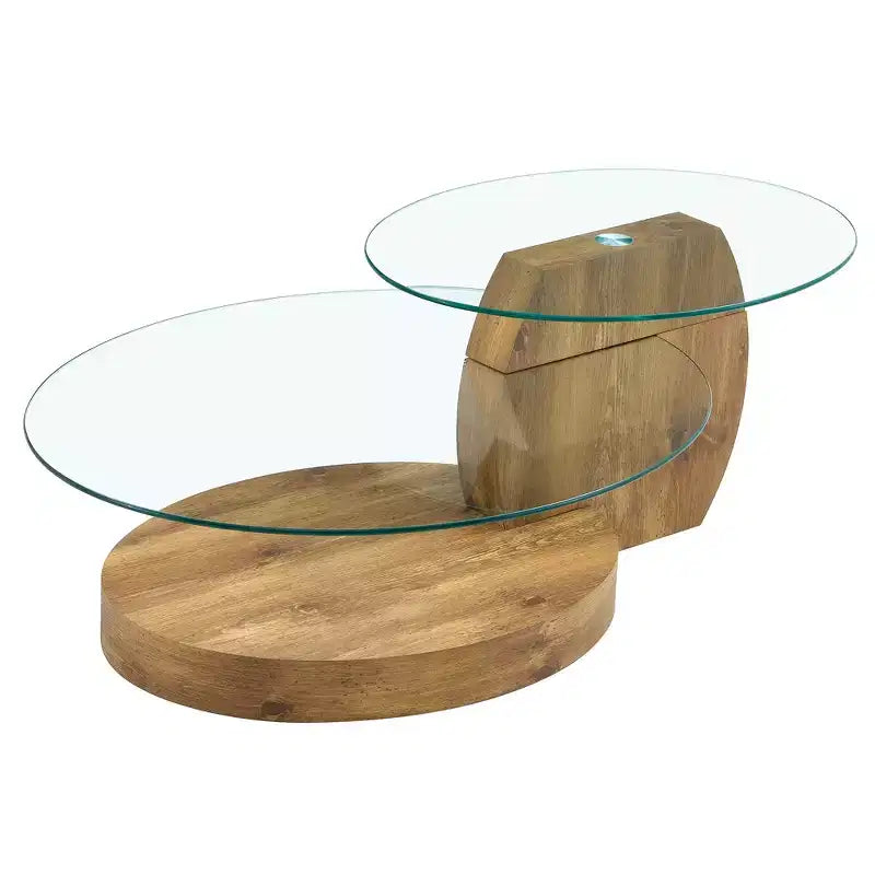 Table basse ovale avec double plateau, table de cocktail en verre, table d'appoint pour canapé, table basse, marbre/grain de bois - ModernLuxe