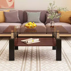 Table basse rectangulaire, plateau en verre trempé avec couche MDF, table moderne pour le salon, verre brun