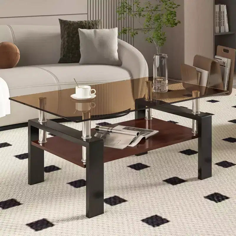 Table basse rectangulaire, plateau en verre trempé avec couche MDF, table moderne pour le salon, verre brun